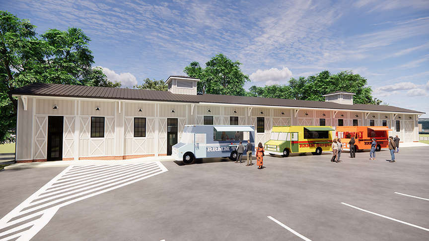 Food trucks in front of a building