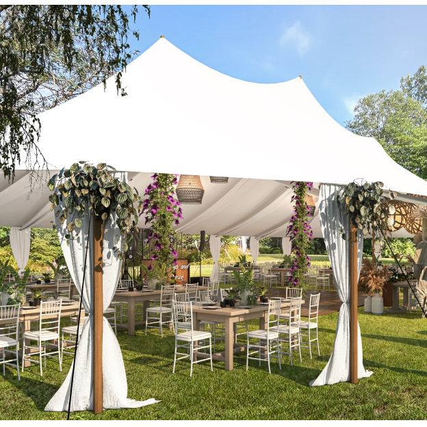 white open canopy with flowers covering beige tables and white chairs with place settings