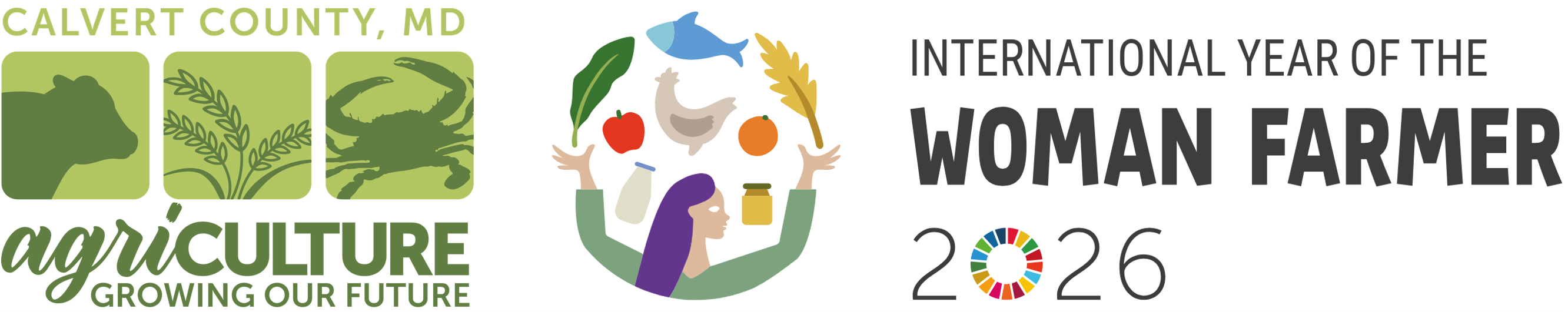 calvert county ag green on white logo and international year of the woman farmer 2026 colorful logo